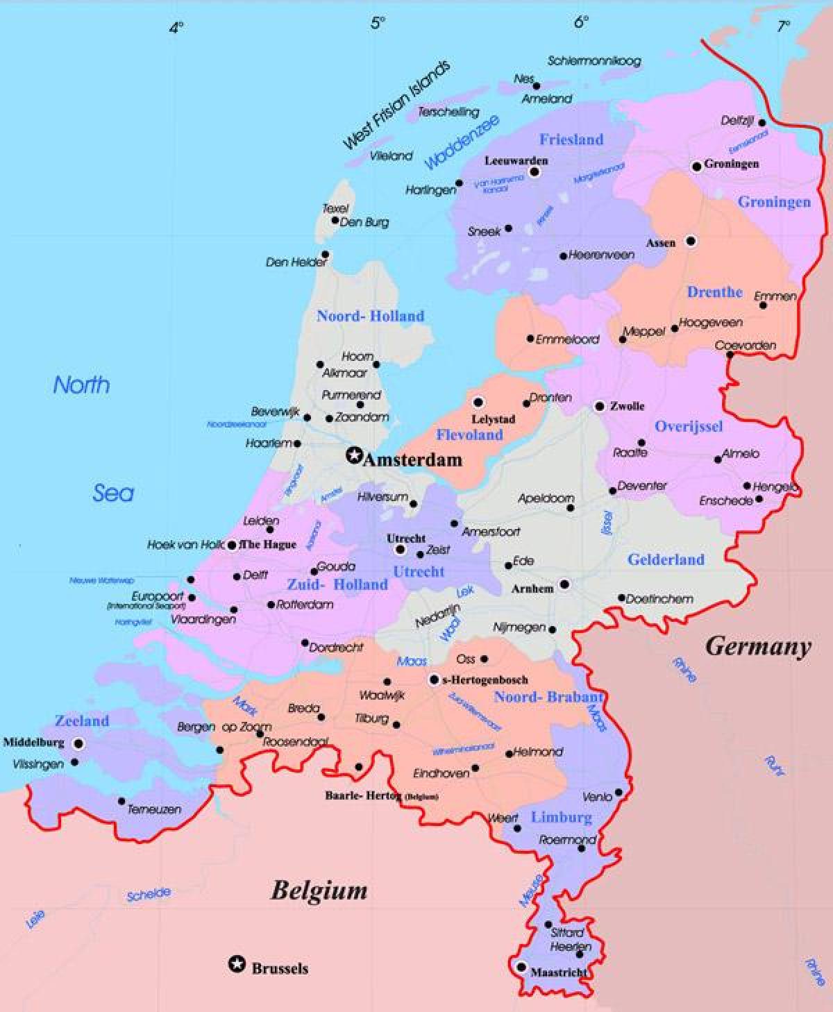 Mapa de los Países Bajos con las principales ciudades