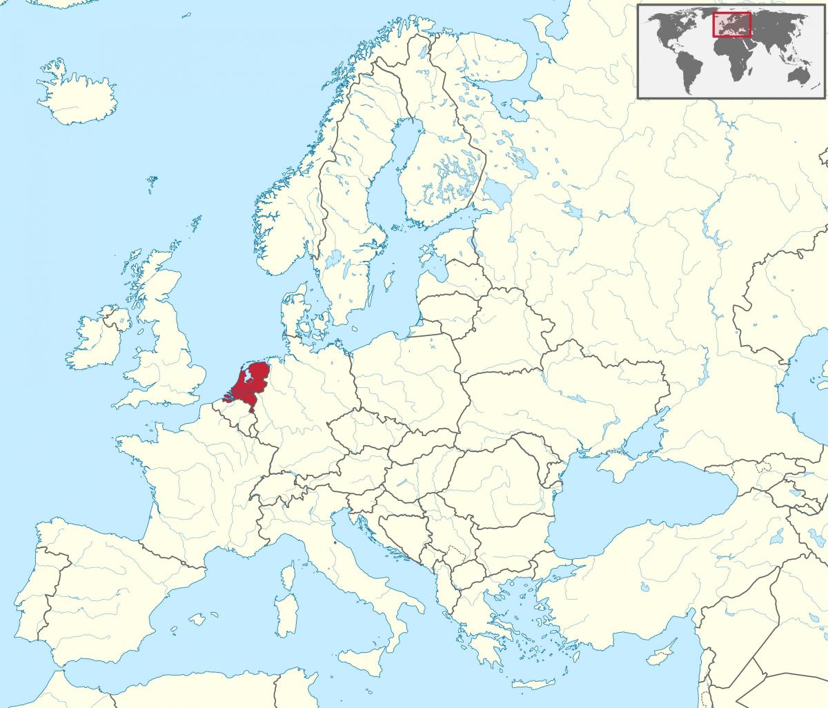 La ubicación de los Países Bajos en el mapa de Europa